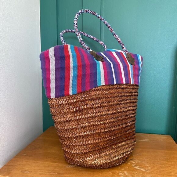 African Beaded Straw Bag Scarf Fringe Closure - Picture 3 of 16